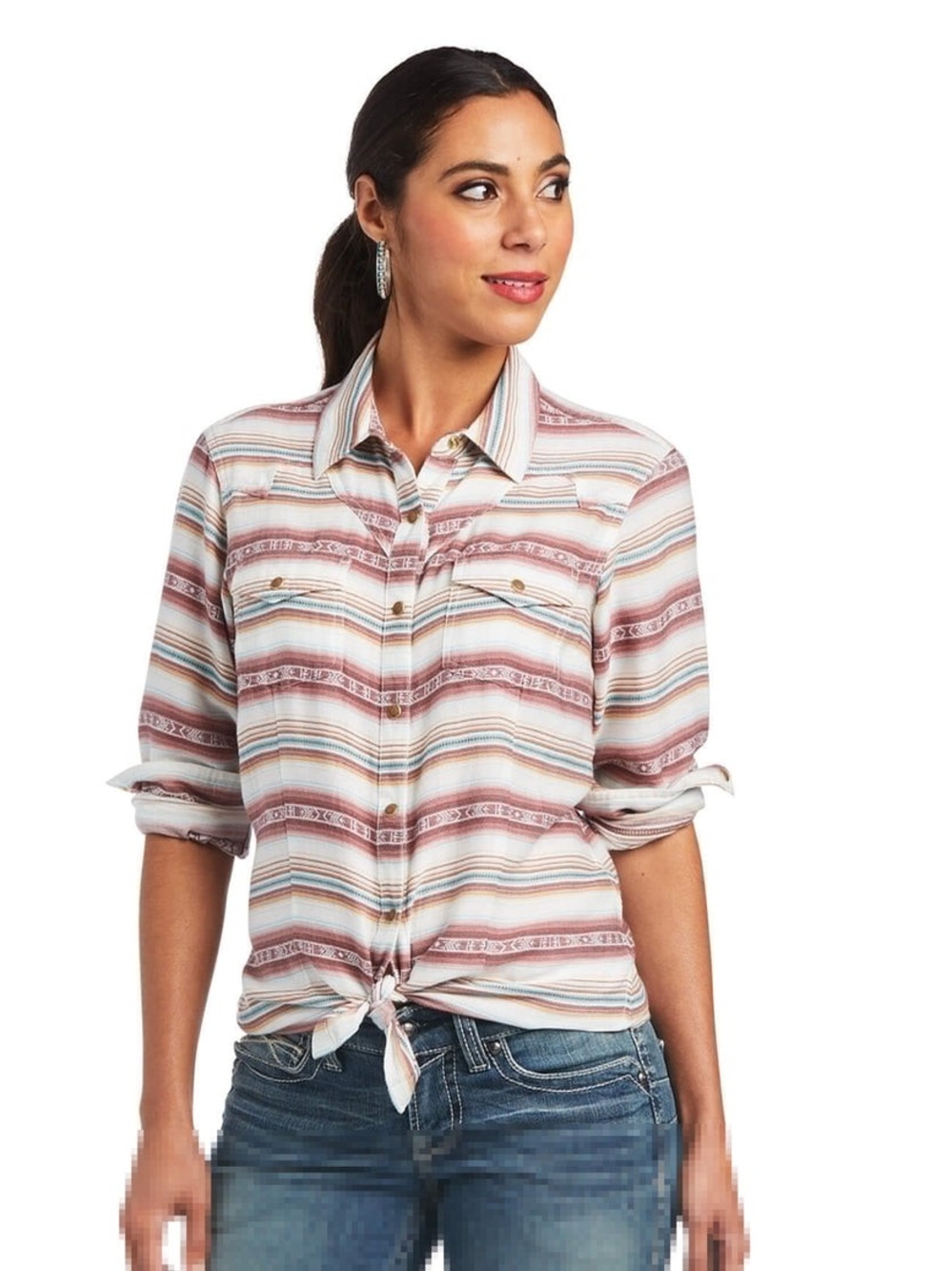 Ariat Rosewood Striped Button-Down Tie-Hem Shirt in Cream and Brown, Size M